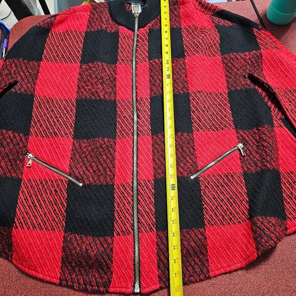 John Mark Red Buffalo Plaid Wool Blend Cape Poncho XL Zipper Pockets Arm Slits - Picture 8 of 8